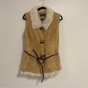 Eddie Bauer Tan Leather Suede Vest with Cream Faux Fur Trim